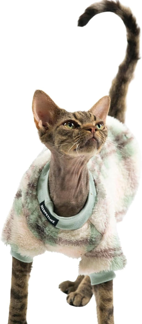 Cat Double-Sided Fleece Clothes, Soft Warm Winter Jumpsuit Sweater Shirt Clothing for Hairless Sphynx, Devon & All Indoor Kittens (Green,XL)