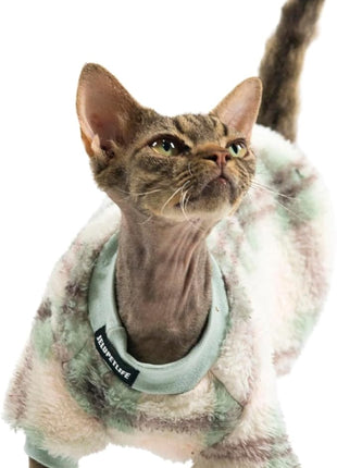 Cat Double-Sided Fleece Clothes, Soft Warm Winter Jumpsuit Sweater Shirt Clothing for Hairless Sphynx, Devon & All Indoor Kittens (Green,XXXL)