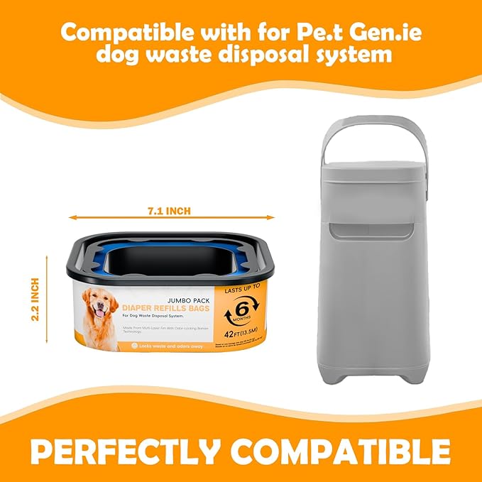 42FT Jumbo Square Refills Disposal Bags Refill Compatible with Pe.t Dogs Gen.ie Dog Waste Disposal System Pails, Up to 6 months of Supply,Ultimate Odor Control Dog Poop Bags, 3 Pack
