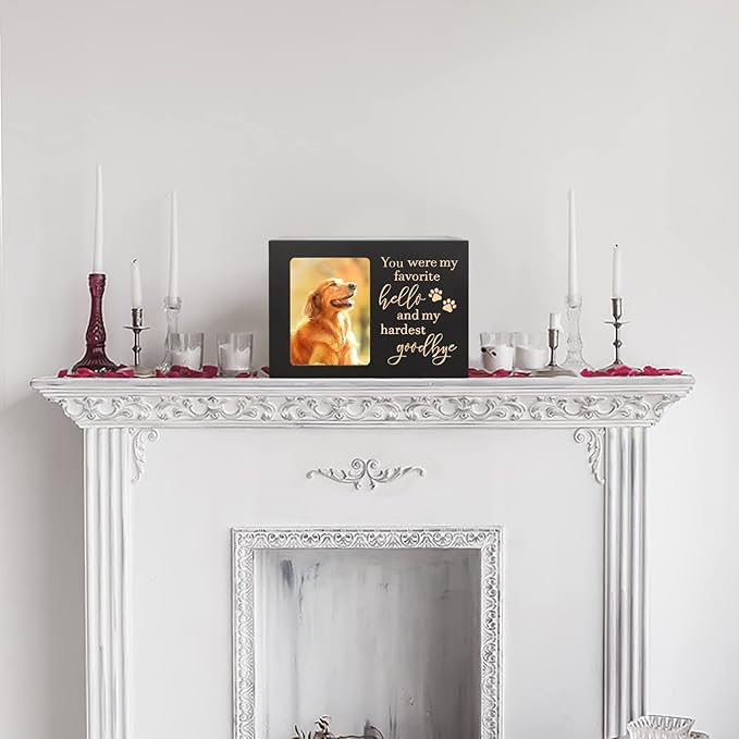 Pet Memorial Urns for Dog or Cat Ashes, Large Wooden Funeral Cremation Urns with Photo Frame, Keepsake Memory Box with Black Flannel Lining