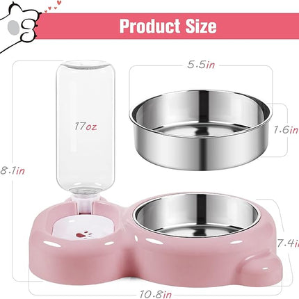 Dog Bowls, Cat Food and Water Bowl Set with Water Dispenser and Stainless Steel Bowl for Cats and Small Dogs - Pink