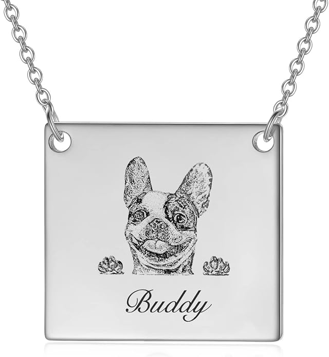 LONAGO 925 Sterling Silver Custom Dog Cat Portrait Photo Necklace Personalized Pet Engraved Picture Pendant Memorial Gift Name Jewelry for Women Mom