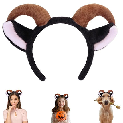 Beviliu Goat Ears Headband with Ram Horns, Animals Ears and Horns Headband, Sheep Ears Custome Lamb Ears Headwear for Halloween Christmas Birthday Party Theme Cosplay, Black