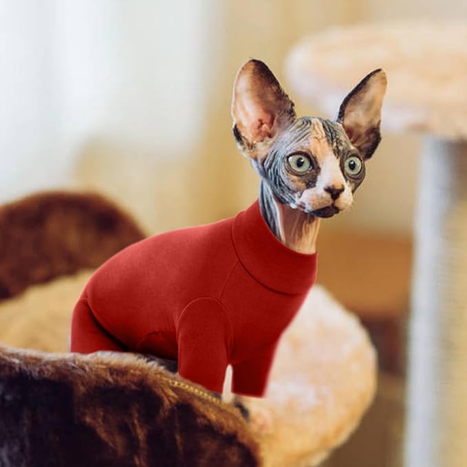 ROZKITCH Hairless Cat Clothes, Breathable Soft Cat Jumpers for Cats Only, Cat Coat with Four Legs, Warm Cat Sweater Cat T-Shirt Cat Pajamas Jumpsuit Vest Cornish Rex Devon Rex Peterbald Red L