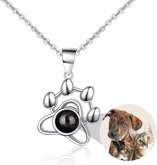 925 Sterling Silver Paw Print Necklace with Picture Inside–Personalized Memorial Necklace, Custom Photo Jewelry with Gift Box, Pet Jewelry Keepsake