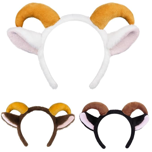 Beviliu Goat Ears Headband Set with Ram Horns, 3Pack Goat Ears and Horns Headband, Sheep Ears Custome Lamb Ears Headwear for Halloween Christmas Birthday Party Theme Cosplay