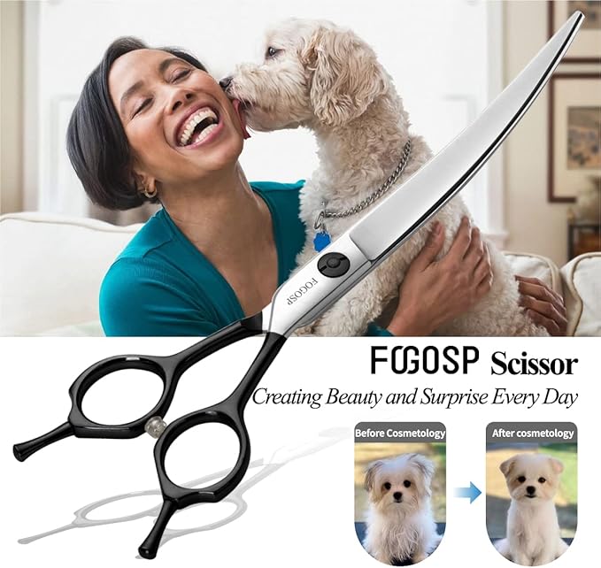 Curved Dog Grooming Scissors Professional 7.5" Grooming Shears for Dogs Pet Right Handed Groomer Japan 440C Stainless Steel (7.5 in Curved,Black)