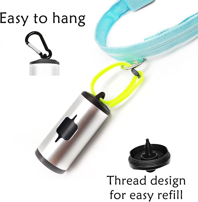 Aluminum Dog Poop Bags Holder with Carabiner Metal Pet Waste Bags Dispenser with Hook and Loop Fastener and Elastic Cord to Carry Used Bags(Silver, 1 Holder 15 Bags)