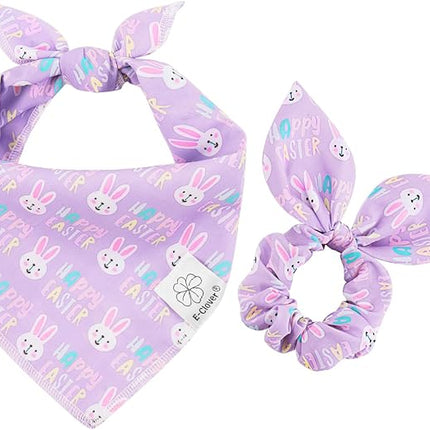 E-Clover Easter Dog Bandana & Matching Scrunchie-Bunny Dog Bandanas Pet Scarf Bib for Medium Large Dogs Girl Boy Owner Gift Purple