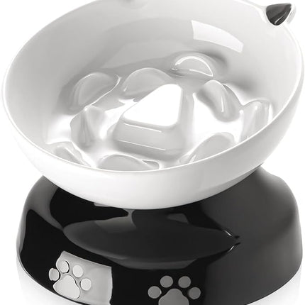 Y YHY Ceramic Cat Slow Feeder, Elevated Dog Food Bowl Tilted Design, Slow Feeder Bowl no Black Chin, Cat Shape for Dry and Wet Food