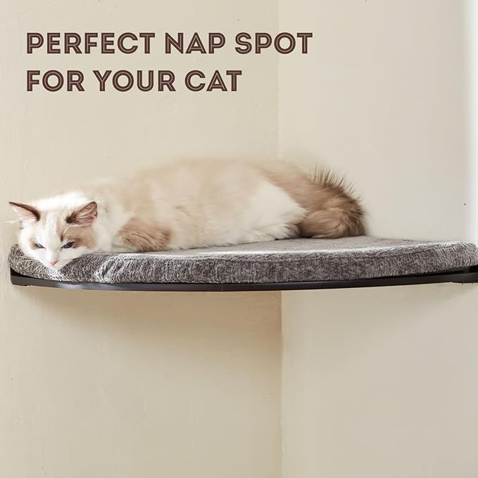 Wall Mounted Corner Cat Bed - Cat Shelf with Comfortable Cushion - Minimalistic Cats Furniture for Indoor Cats - Climbing Perch for Wall, Walnut