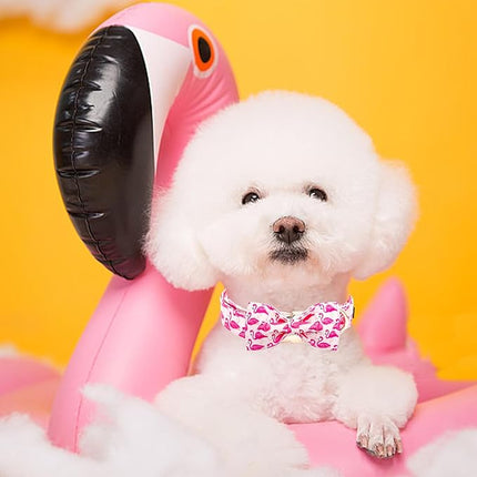 Elegant little tail Dog Collar, Pink Flamingos Dog Collar with Bow Girl Cotton Bowtie Spring Pet Collars Gift Adjustable Pet Collars for Large Dogs