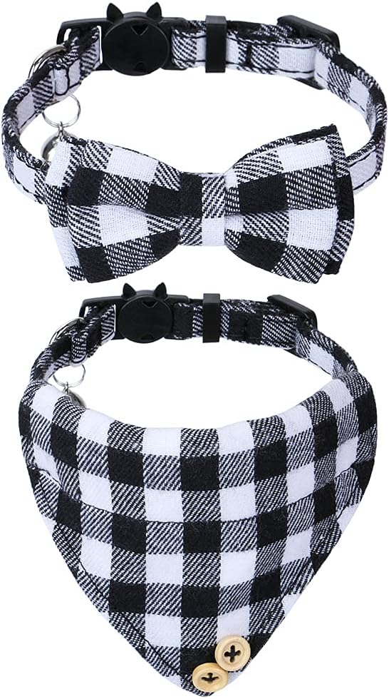Faleela Cat Collar Bandana Bells Set - 2 Pack Set Cat Collar Breakaway with Cute Bow Tie and Bell, Adjustable from 7.8-10.5 Inch, Soft and Comfortable for Kitty and Some Puppies