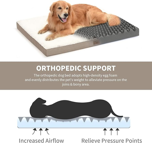 Plush Orthopedic Dog Bed for Medium Dogs & Puppies, Waterproof Dog Beds 30x20 Inch with Removable Washable Cover, Egg Crate Foam Flat Pet Mat, Khaki White