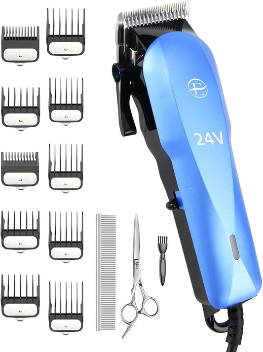 Professional Dog Grooming Clippers Kit, 24V High Power for Thick Coats, Quiet Dog Clippers with 10 Metal Guard Combs & Brush, Ideal Dog Hair Remover for Cats and Pets