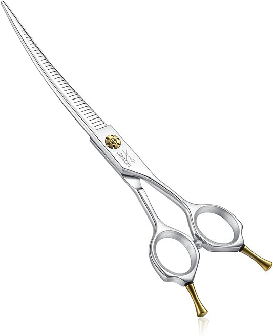 JASON 7" Dog Grooming Scissors - Up-curved Thinning Shears with 25%-30% Thinning Rate, Japanese 440C Stainless Steel Dog Blenders for Grooming with Adjustable Screw (32 Teeth, Silver)