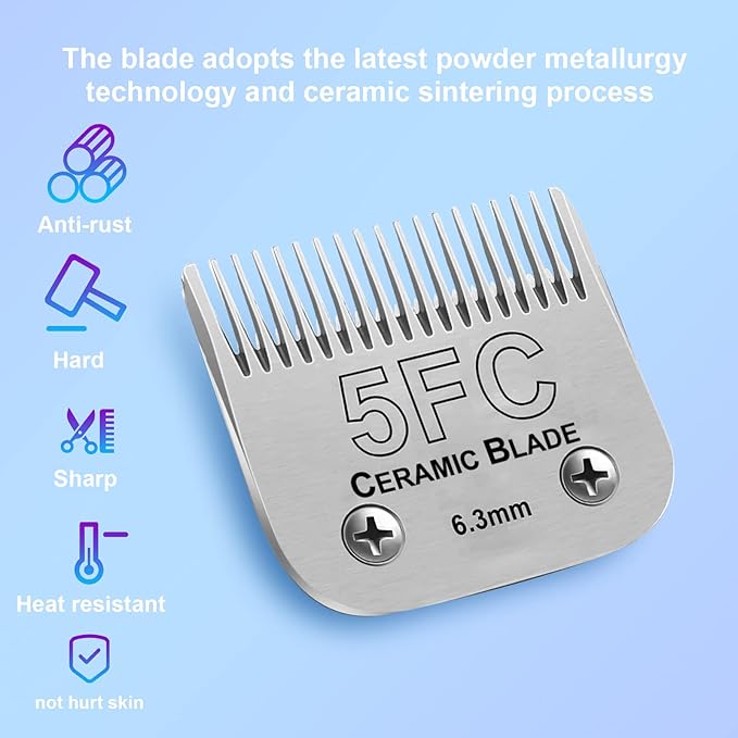 Detachable Pet Dog Grooming Clipper Ceramic Blades,Compatible with Andis Size 5FC 1/4”(6.3mm) Cut Length,Compatible with Oster A5,Wahl KM10 Series Clippers