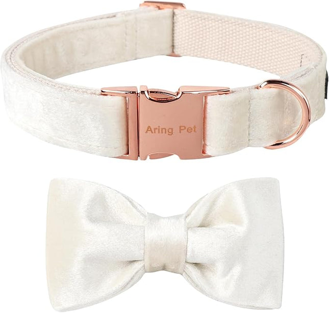 ARING PET Bowtie Dog Collar-Velvet Dog Collars with Detachable Bowtie, White Wedding Soft Dog Collar,X-Small.