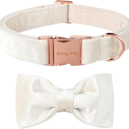 ARING PET Bowtie Dog Collar-Velvet Dog Collars with Detachable Bowtie, White Wedding Soft Dog Collar,Large.