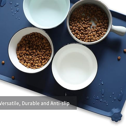 Hoki Found L Silicone Pet Food Mats with High Lips - Non Slip Cat Dog Bowl Placemats - Waterproof Cat Dog Feeding Mat - Indigo Ink