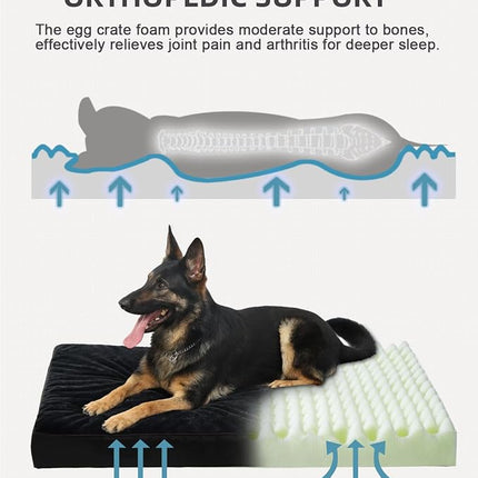 KSIIA Orthopedic Dog Bed Crate Waterproof Pet Mats for Extra Large Dogs Deluxe Plush Washable Pet Bed with Egg Crate Foam & Removable Cover, 47 x 29 Inch, Black