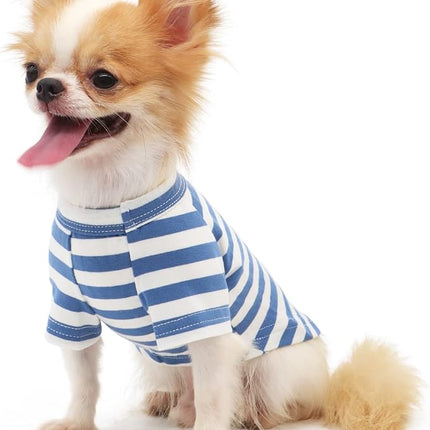 LOPHIPETS 100% Breathable Cotton Striped Dog Tee Shirt T-Shirt for Small Dogs Chihuahua Puppy Clothes -Blue and White Strips/L