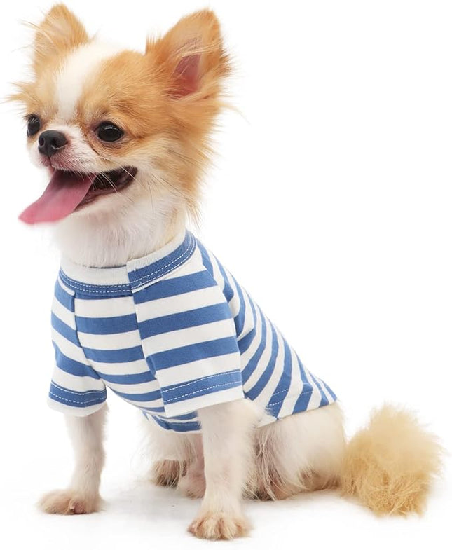 LOPHIPETS 100% Breathable Cotton Striped Dog Tee Shirt T-Shirt for Small Dogs Chihuahua Puppy Clothes -Blue and White Strips/L