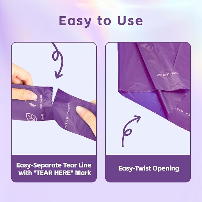 270 Count Scented Dog Poop Bags Rolls, 20 Micron Ultra Thick, Heavy Duty Tear Resistant Leak Proof for Yuck-Free Cleanup, Includes Dispenser & Leash Clip, 9 x 13 Inch, Gaze Doodle (Purple)