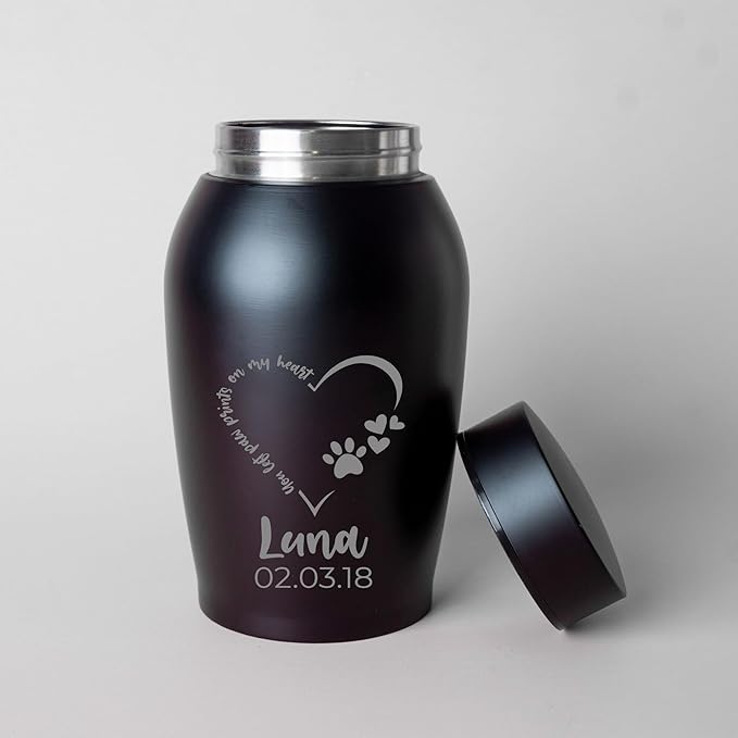 Personalized Cremation Keepsake Pet Ashes Urn Waterproof with Airtight Closure Customized Text Engraving Vase Container Memorial Dog Cat Funeral Decorative (You Left paw Prints on My Heart)