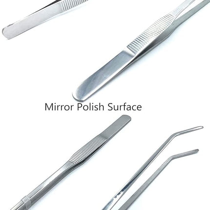 2PCS Aquarium Tweezers Stainless Steel Straight and Curved Tweezers Set Long Handle Reptile Feeding Tongs for Aquatic Plants Lizards Spider Snakes Garden Repairing - 10.6inch, Silver