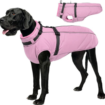 Lelepet Dog Coat with Harness Built in, Waterproof Dog Jacket for Large Dogs Reflective Winter Jacket with Zip Warm Cold Weather Coats for Dogs, Cozy Turtleneck Pet Snowsuit, Great Dane, Pink, 3XL