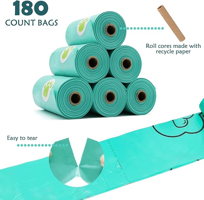 Dog Poop Bags Holder with LED Flashlight|Pet Waste Bags Dispenser for Leash|Doggie Potty Bags Container with Leak-proof Pet Trash Bags and Accessories (1 Holder 195 Bags, Crystal Blue)