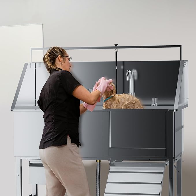 Dog Washing Station,Professional 56" Stainless Steel Dog Bathing Station for Large Dog Height Adjustable Dog Wash Station for Home Dog Grooming Tub With Drawer, Floor Grate & Fauct (Right Ramp)