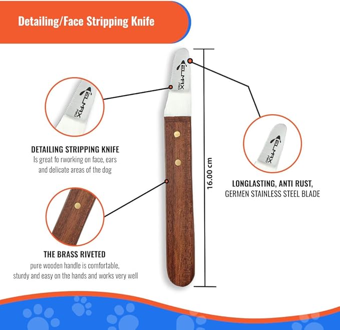 Professional Slant Tooth Stripping Knife for dogs (Pack of 4) Stainless Steel Blades & Rosewood Handle, Efficient Undercoat Removal, Hand Stripping Tools for dog grooming (Right-Handed)