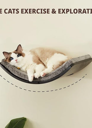 Cat Shelf with Comfortable Cushion - Curved Modern Cat Bed (Large Size) - Lotus Leaf Design Cats Wall Perch - Wall Mounted Cats Furniture for Sleeping, Playing, Climbing, and Lounging, Walnut