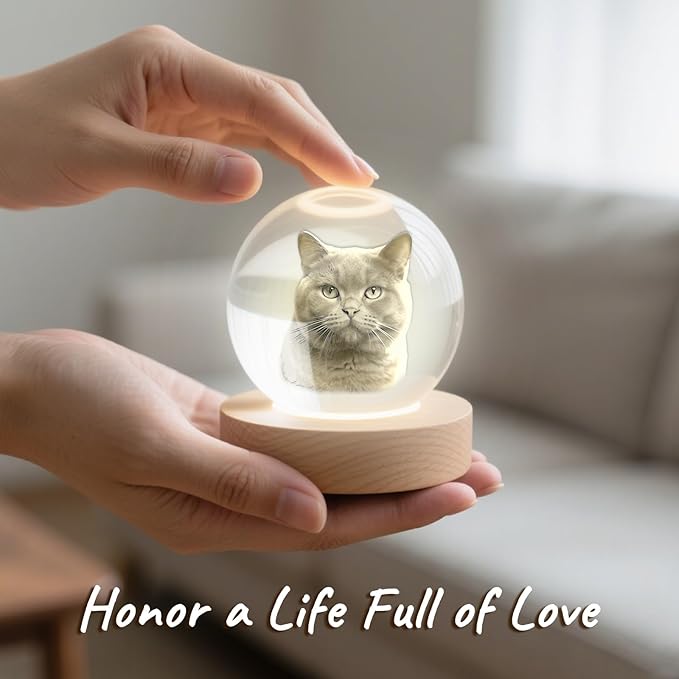 Personalized 3D Pet Memorial Gift for Dog or Cat - Custom Photo in Crystal with Optional Light Base, Unique Loss Keepsake (S/M/L)