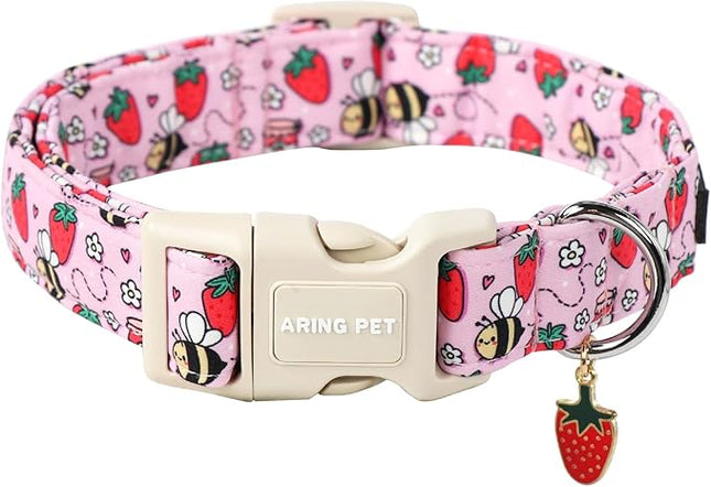 ARING PET Summer Dog Collar-Cute Pink Dog Collar for Small Dogs, Adjustable Strawberry Bees Print Pet Collars Puppy Collar for Small Medium Large Dogs