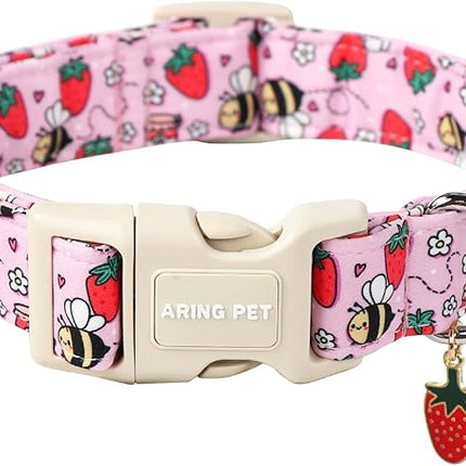 ARING PET Summer Dog Collar-Cute Pink Dog Collar for Small Dogs, Adjustable Strawberry Bees Print Pet Collars Puppy Collar for Small Medium Large Dogs