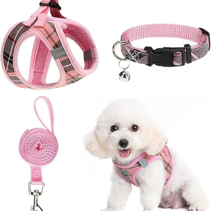 EXPAWLORER Classic Plaid Puppy Harness - Large Dog Collar and Leash - Soft Mesh Padded Adjustable Dog Vest Harness No Pull, Reflective Escape Proof for Outdoor Walking, Pink Large