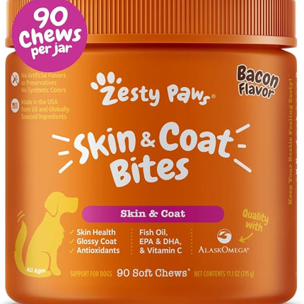 Zesty Paws Omega 3 Fish Oil for Dogs - Zesty Paw Dog Vitamins and Supplements for Hip, Joint & Skin, Bacon (90 Chews)