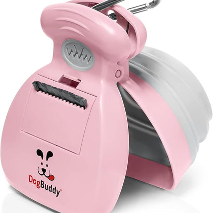 DogBuddy Pooper Scooper, Portable Dog Pooper Scooper, Poop Scooper for Small and Large Dogs, Pooper Scooper with Bag Attachment, Leash Clip and Dog Waste Bags Included (Medium, Pink)