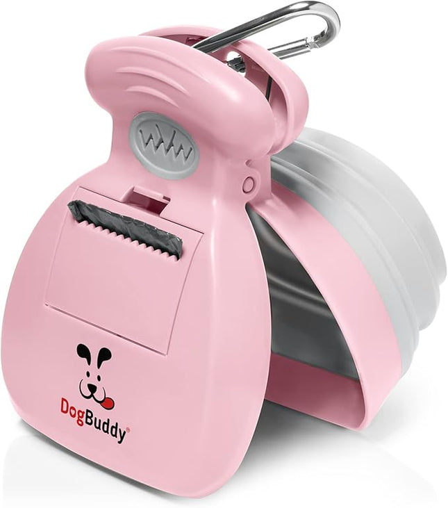 DogBuddy Pooper Scooper, Portable Dog Pooper Scooper, Poop Scooper for Small and Large Dogs, Pooper Scooper with Bag Attachment, Leash Clip and Dog Waste Bags Included (Medium, Pink)