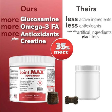 PHS Joint MAX Triple Strength (TS) Soft Chews for Dogs - Glucosamine, Chondroitin, MSM, Turmeric, Omega 3 - Hip and Joint Pain Relief and Support for Dogs - Made in USA - 30 Soft Chews