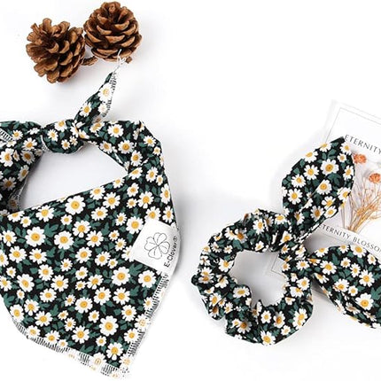E-Clover Dog Bandanas & Matching Scrunchie Set Girl Dog Scarf Bibs with Bow Scrunchie for Small Dogs Puppy Pet Owner Gifts Flower Black