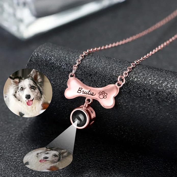 Custom Pet Necklace With Dog Bone Photo Projection Pendant 925 Sterling Silver Personalized Name and Dog Picture Necklace With Paw Print Pet Memorial Jewelry Gifts For Women Mother Wife