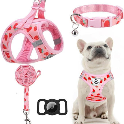 EXPAWLORER Small Dog Harness and Leash Set - Cute Puppy Harness Leash Dog Collar with AirTag Holder Silicone Case, Soft Padded Step in Pet Vest Reflective for Outdoor Walking, Strawberry M