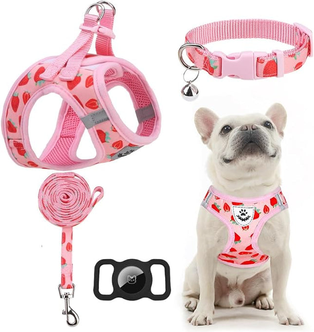 EXPAWLORER Small Dog Harness and Leash Set - Cute Puppy Harness Leash Dog Collar with AirTag Holder Silicone Case, Soft Padded Step in Pet Vest Reflective for Outdoor Walking, Strawberry S
