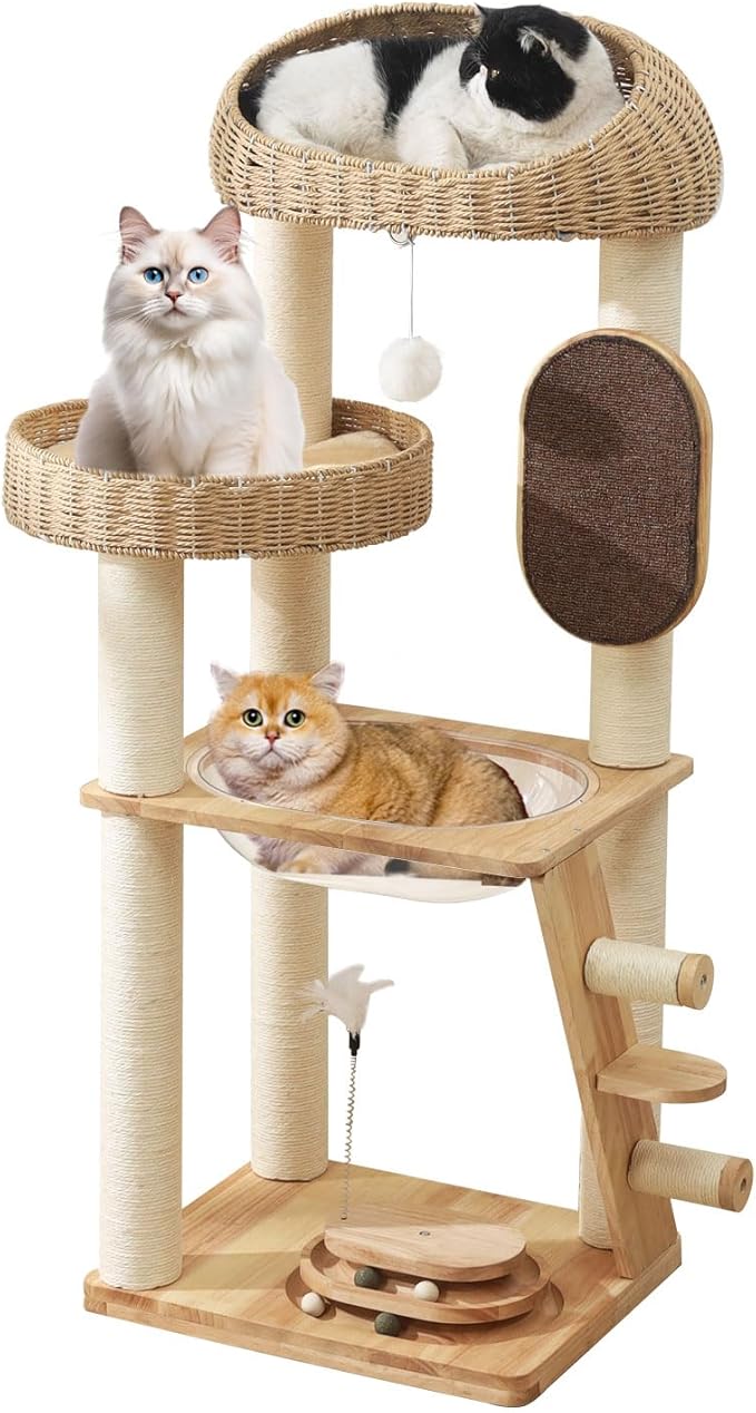 Cat Tree, Modern Cat Tree Tower with Space Capsule, Hand-Woven Basket Nest, Sisal Posts & Scratching Board, 50 Inch Heavy-Duty Multi-Level Indoor Wood Tower