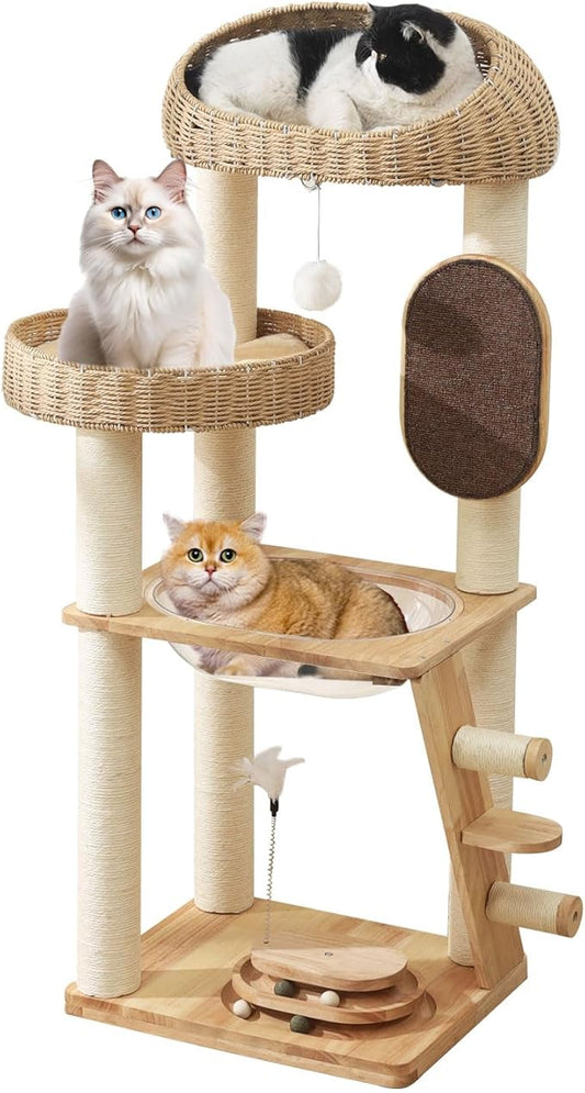 Cat Tree, Modern Cat Tree Tower with Space Capsule, Hand-Woven Basket Nest, Sisal Posts & Scratching Board, 50 Inch Heavy-Duty Multi-Level Indoor Wood Tower