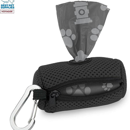 Best Pet Supplies Dog Poop Bag Holder Leash Attachment with 15 Bags, Black, Reusable Mesh Dispenser Pouch for Travel, Walking, Park, and Outdoor Use, Soft and Durable with Clip-On (Pack of 2)